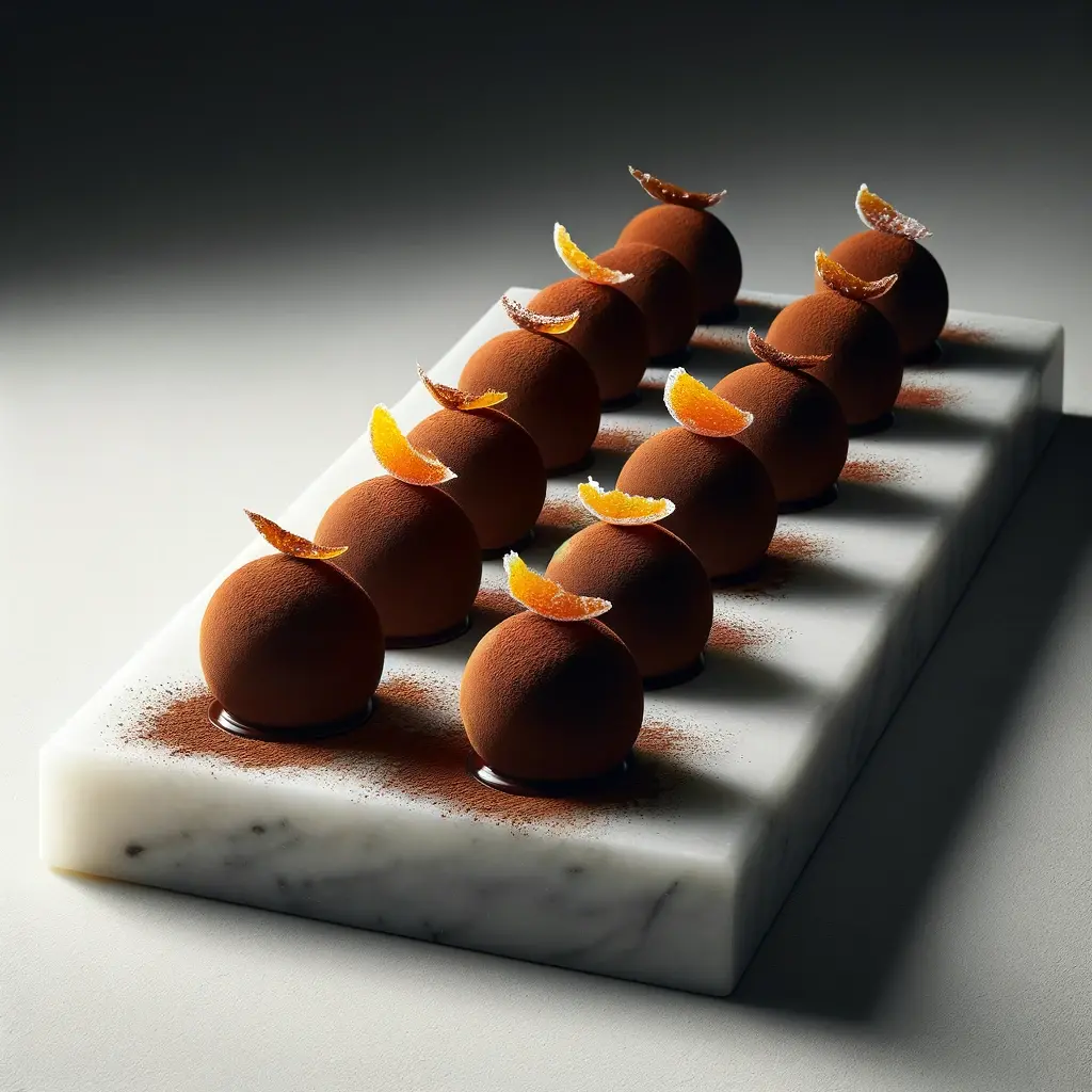 Présentation raffinée de truffes au chocolat gourmet sur un plateau en marbre, saupoudrées de cacao et garnies d’un zeste d’orange, capturant l’essence d’une confiserie haut de gamme.